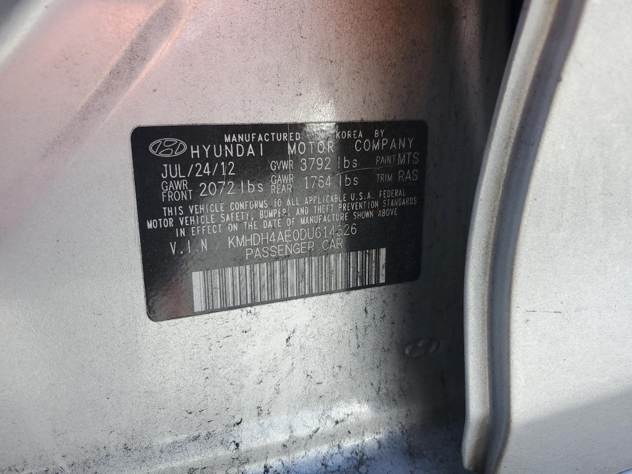 2013 Hyundai Elantra VIN KMHDH4AE0DU614326 Copart auction photo, side damage thumbnail 14