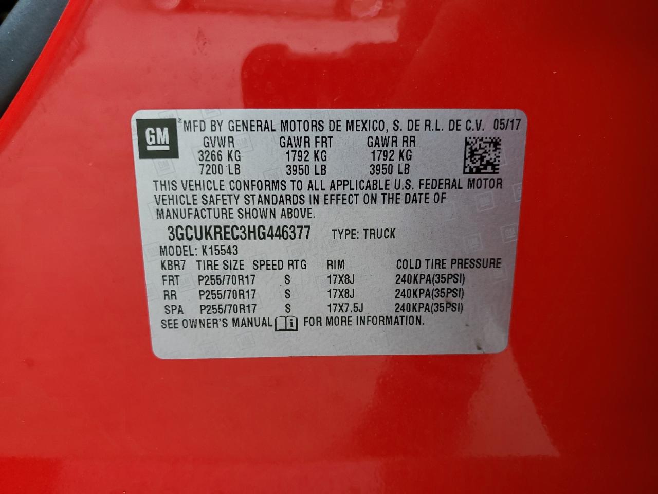 2017 Chevrolet Silverado VIN 3GCUKREC3HG446377 Copart auction photo, front end / side damage thumbnail 12