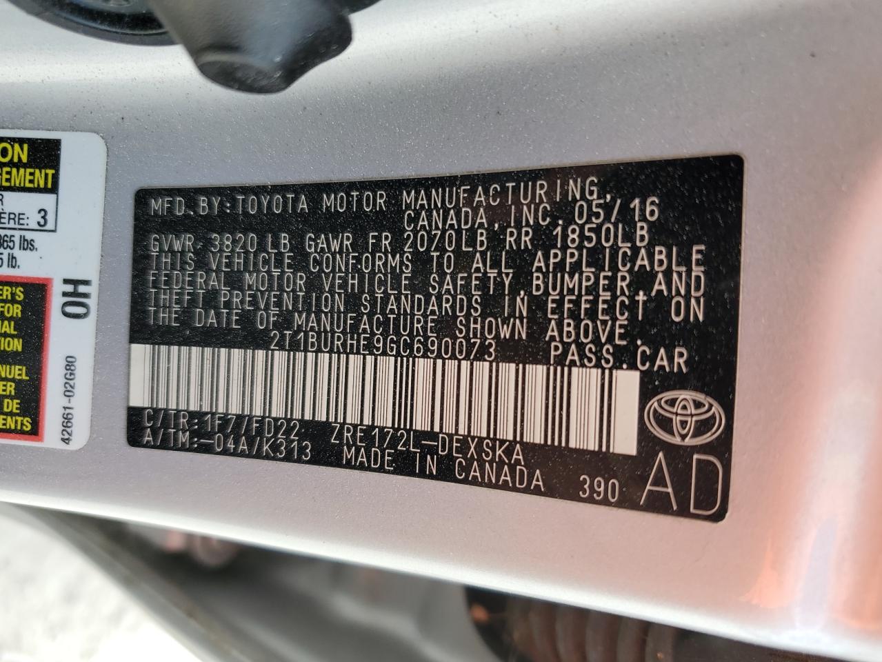2016 Toyota Corolla VIN 2T1BURHE9GC690073 Copart auction photo, side damage thumbnail 12
