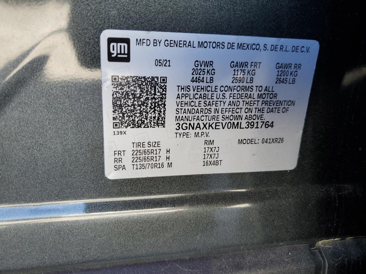 2021 Chevrolet Equinox VIN 3GNAXKEV0ML391764 Copart auction photo, rear end damage thumbnail 13