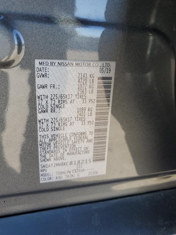 2019 Nissan Rogue VIN 5N1AT2MV8KC818215 Copart auction photo, rear end / side damage thumbnail 13