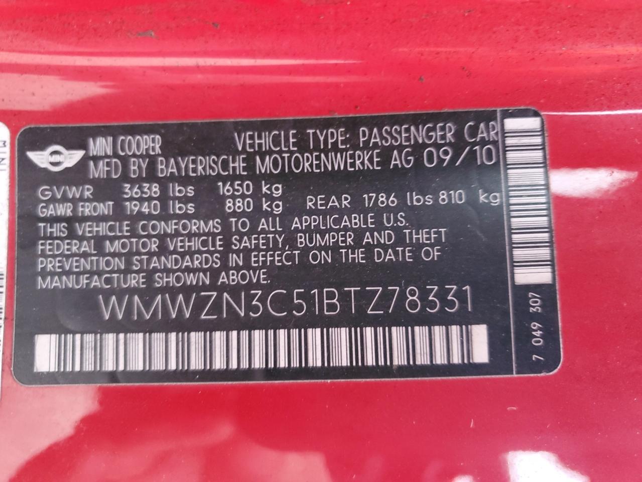 2011 MINI Cooper VIN WMWZN3C51BTZ78331 Copart auction photo, rear end / side damage thumbnail 12