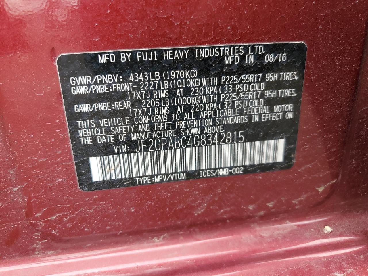 2016 Subaru XV VIN JF2GPABC4G8342815 Copart auction photo, rear end / front end damage thumbnail 12