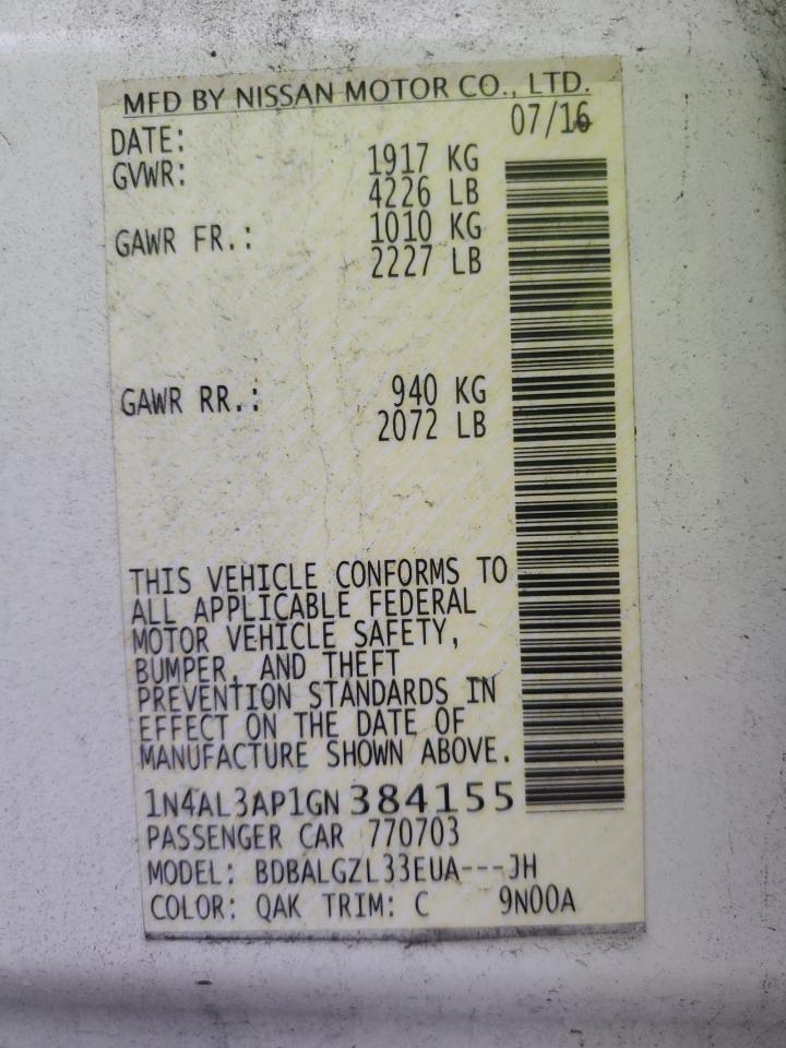 2016 Nissan Altima VIN 1N4AL3AP1GN384155 Copart auction photo, front end damage thumbnail 14