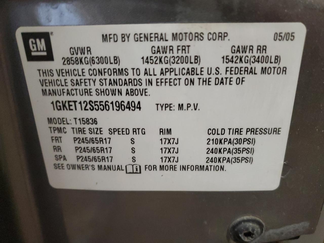 2005 GMC Envoy VIN 1GKET12S556196494 Copart auction photo, front end / side damage thumbnail 13