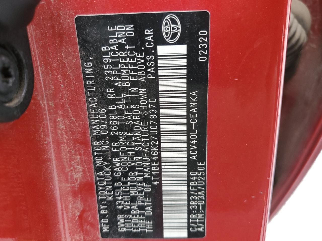 2007 Toyota Camry VIN 4T1BE46K27U078370 Copart auction photo, front end damage thumbnail 12