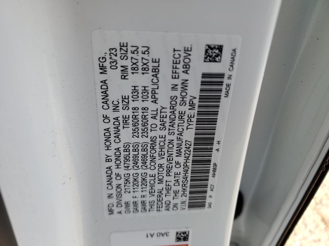 2023 Honda CR-V VIN 2HKRS4H40PH422427 Copart auction photo, front end damage thumbnail 15