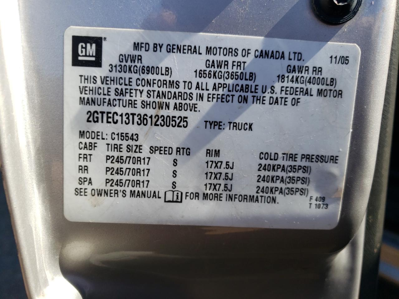 2006 GMC Sierra VIN 2GTEC13T361230525 Copart auction photo, front end damage thumbnail 15
