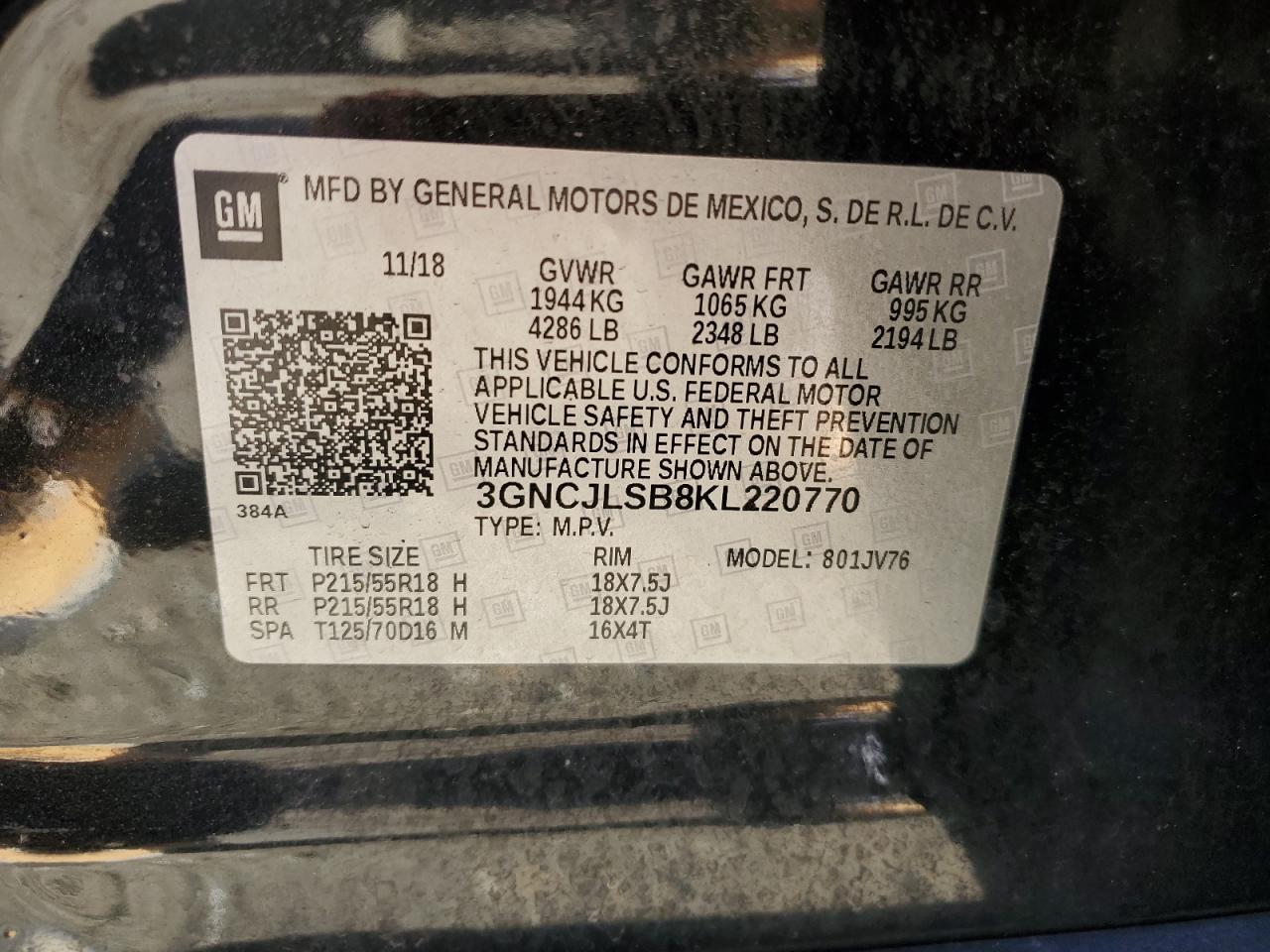 2019 Chevrolet Trax VIN 3GNCJLSB8KL220770 Copart auction photo, front end / minor dent/scratches damage thumbnail 14