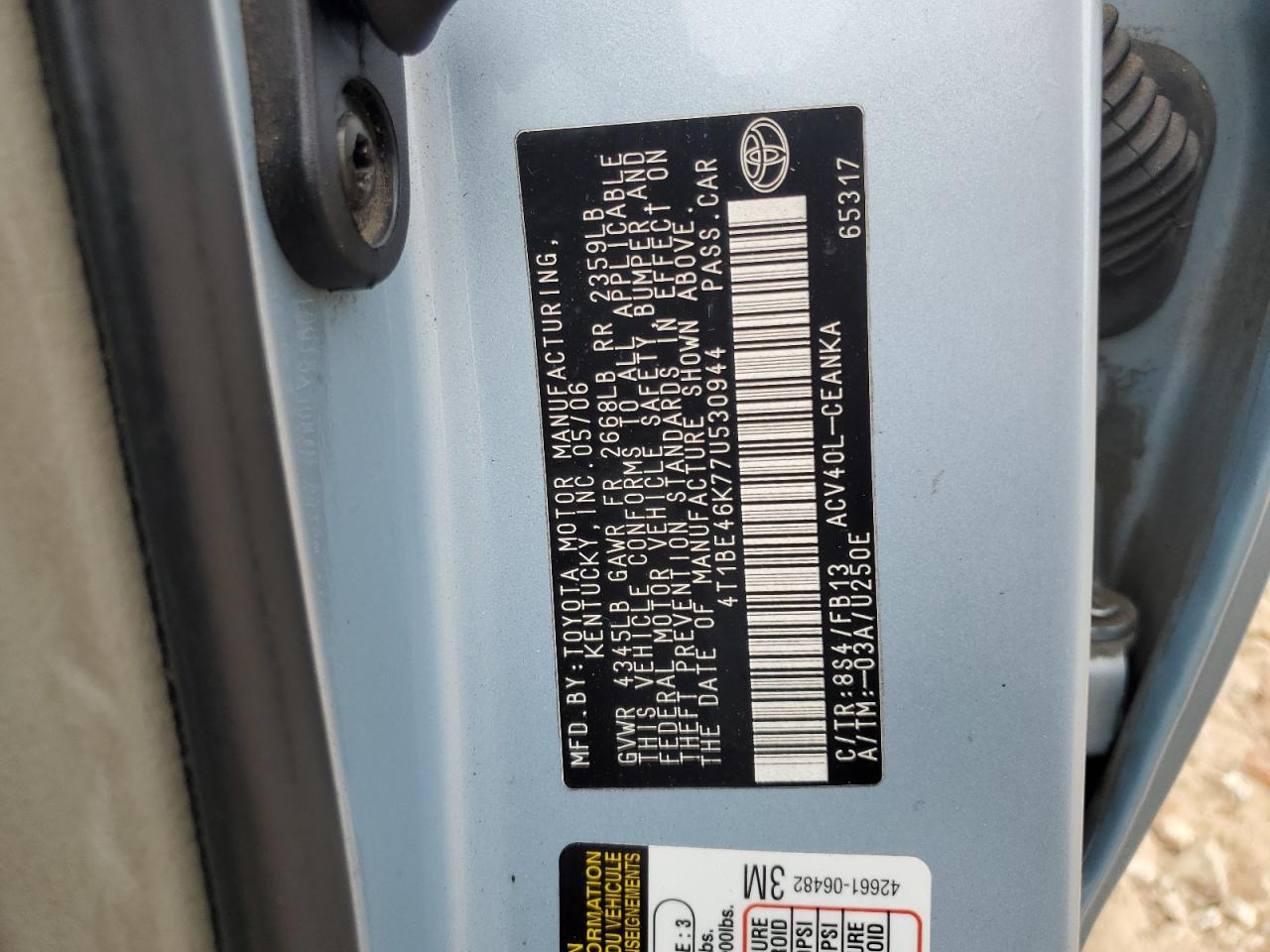 2007 Toyota Camry VIN 4T1BE46K77U530944 Copart auction photo, side / undercarriage damage thumbnail 14