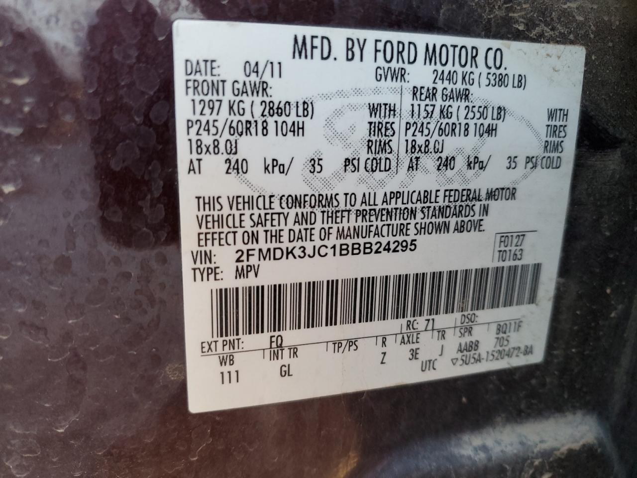 2011 Ford Edge VIN 2FMDK3JC1BBB24295 Copart auction photo, front end damage thumbnail 13