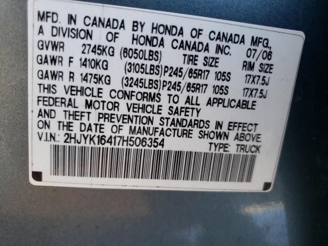 2007 Honda Ridgeline VIN 2HJYK16417H506354 Copart auction photo, front end / side damage thumbnail 12