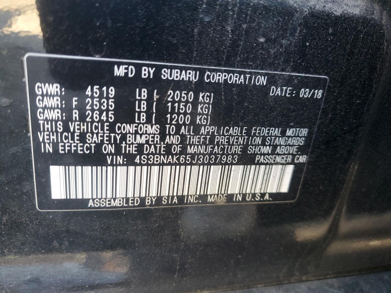 2018 Subaru Legacy VIN 4S3BNAK65J3037983 Copart auction photo, front end damage thumbnail 12