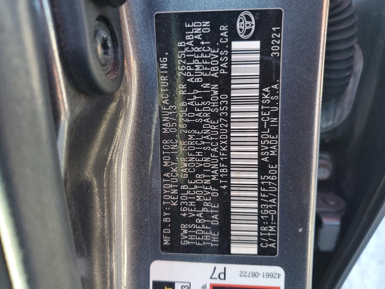 2013 Toyota Camry VIN 4T1BF1FKXDU273530 Copart auction photo, rear end damage thumbnail 12