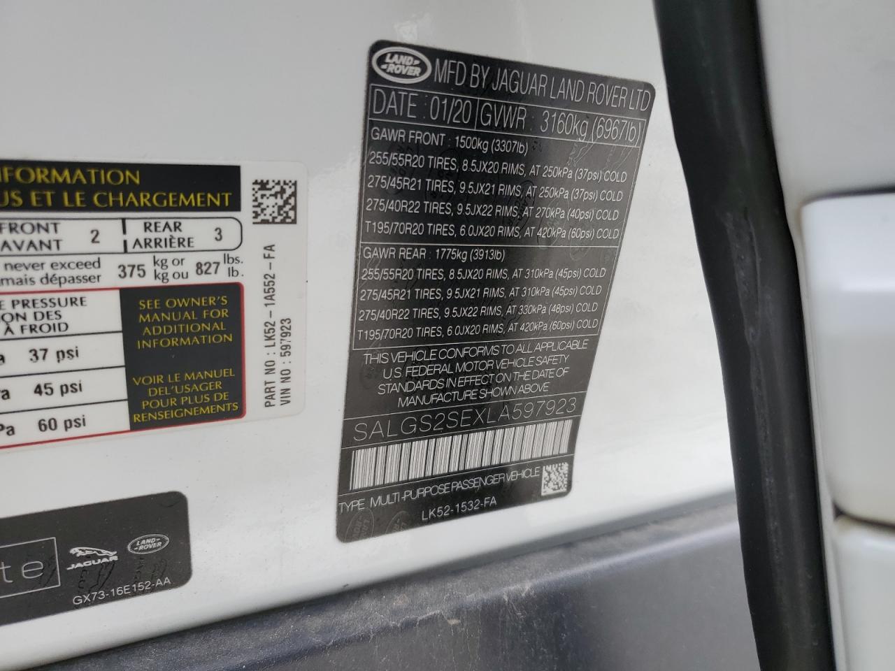2020 Land Rover Range Rover VIN SALGS2SEXLA597923 Copart auction photo, rear end / front end damage thumbnail 14