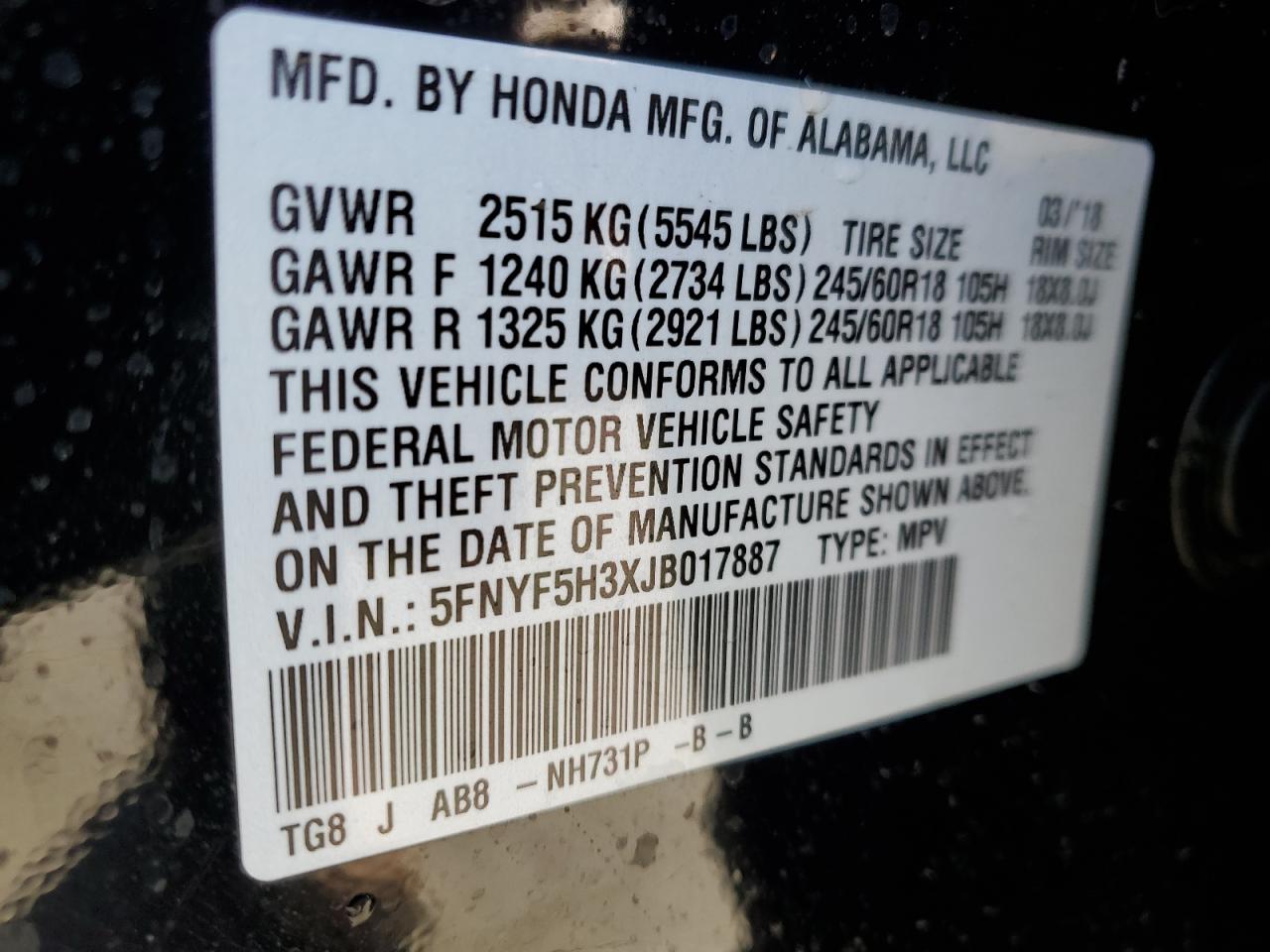 2018 Honda Pilot VIN 5FNYF5H3XJB017887 Copart auction photo, rear end / side damage thumbnail 14