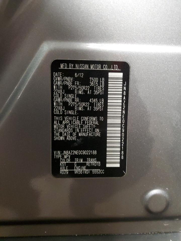 2012 Infiniti QX56 VIN JN8AZ2NE0C9022188 Copart auction photo, front end damage thumbnail 13