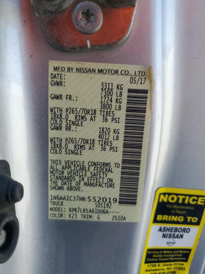 2017 Nissan Titan VIN 1N6AA1CJ7HN552019 Copart auction photo, water/flood damage thumbnail 13