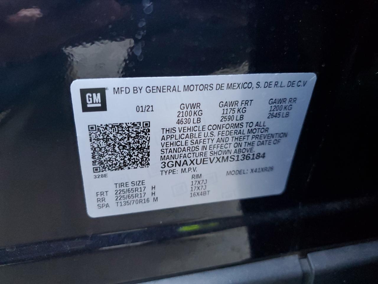 2021 Chevrolet Equinox VIN 3GNAXUEVXMS136184 Copart auction photo, rear end damage thumbnail 14