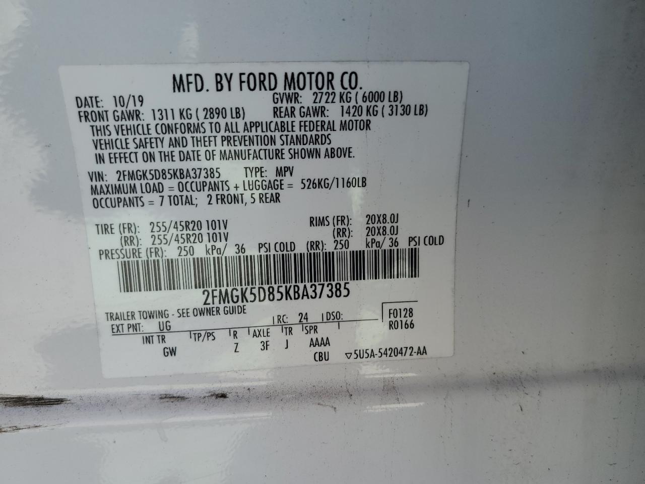 2019 Ford Flex VIN 2FMGK5D85KBA37385 Copart auction photo, side damage thumbnail 13