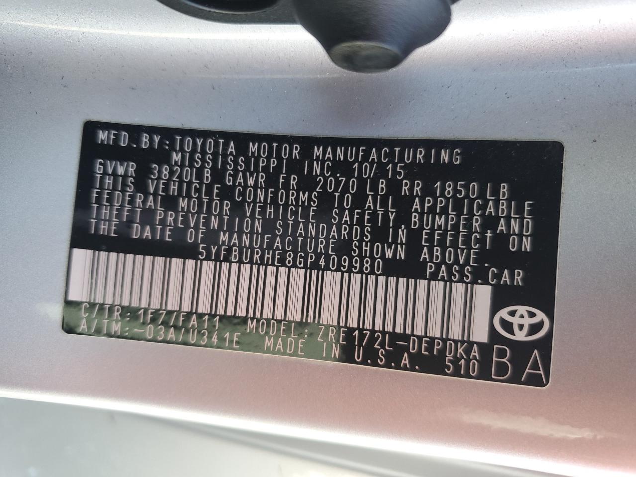 2016 Toyota Corolla VIN 5YFBURHE8GP409980 Copart auction photo, front end / side damage thumbnail 14