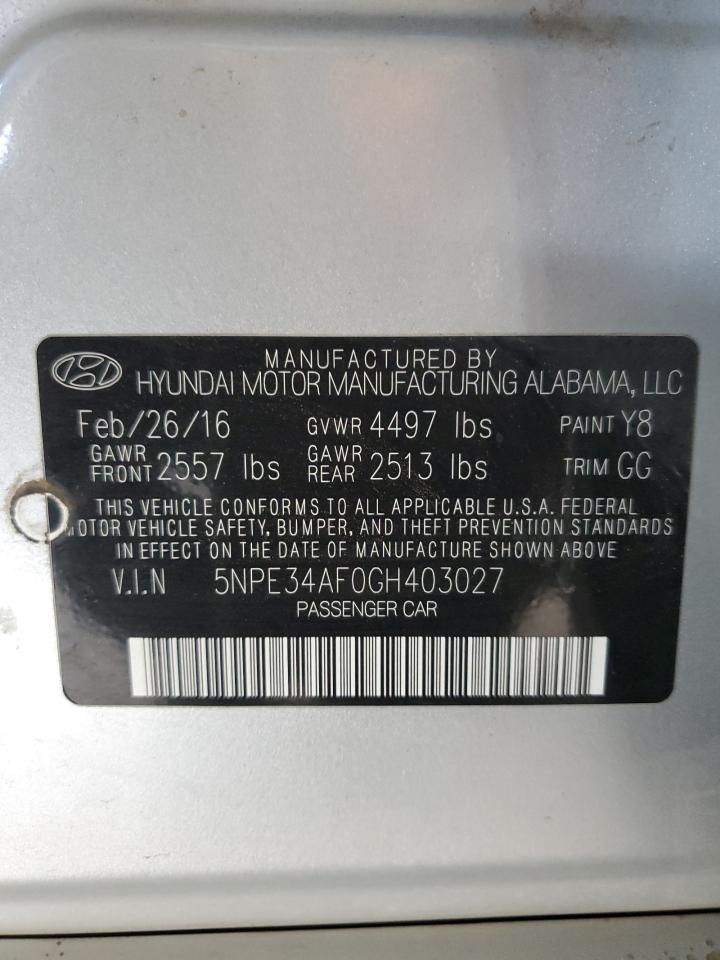 2016 Hyundai Sonata VIN 5NPE34AF0GH403027 Copart auction photo, rear end / side damage thumbnail 13