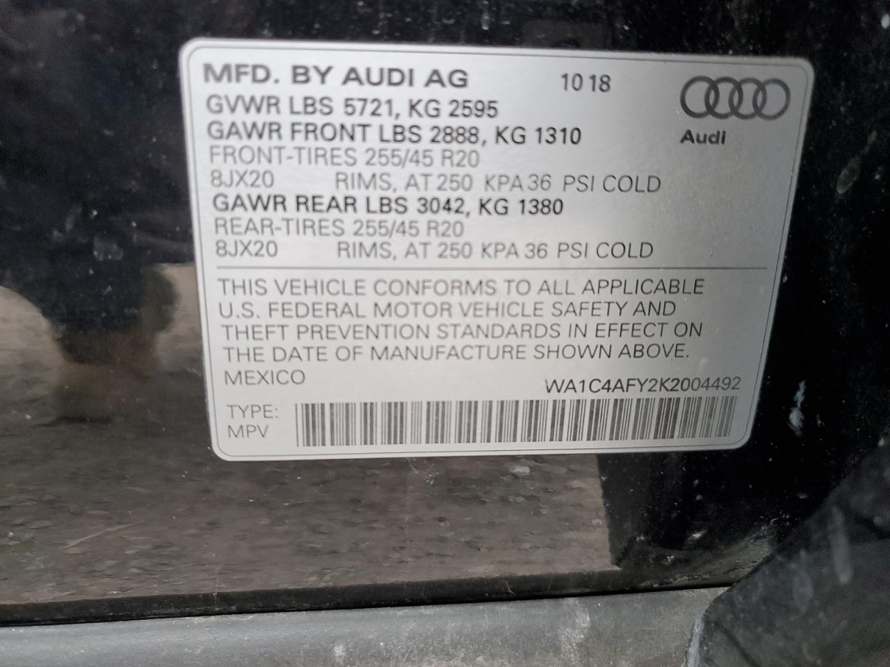 2019 Audi SQ5 VIN WA1C4AFY2K2004492 Copart auction photo, mechanical damage thumbnail 13