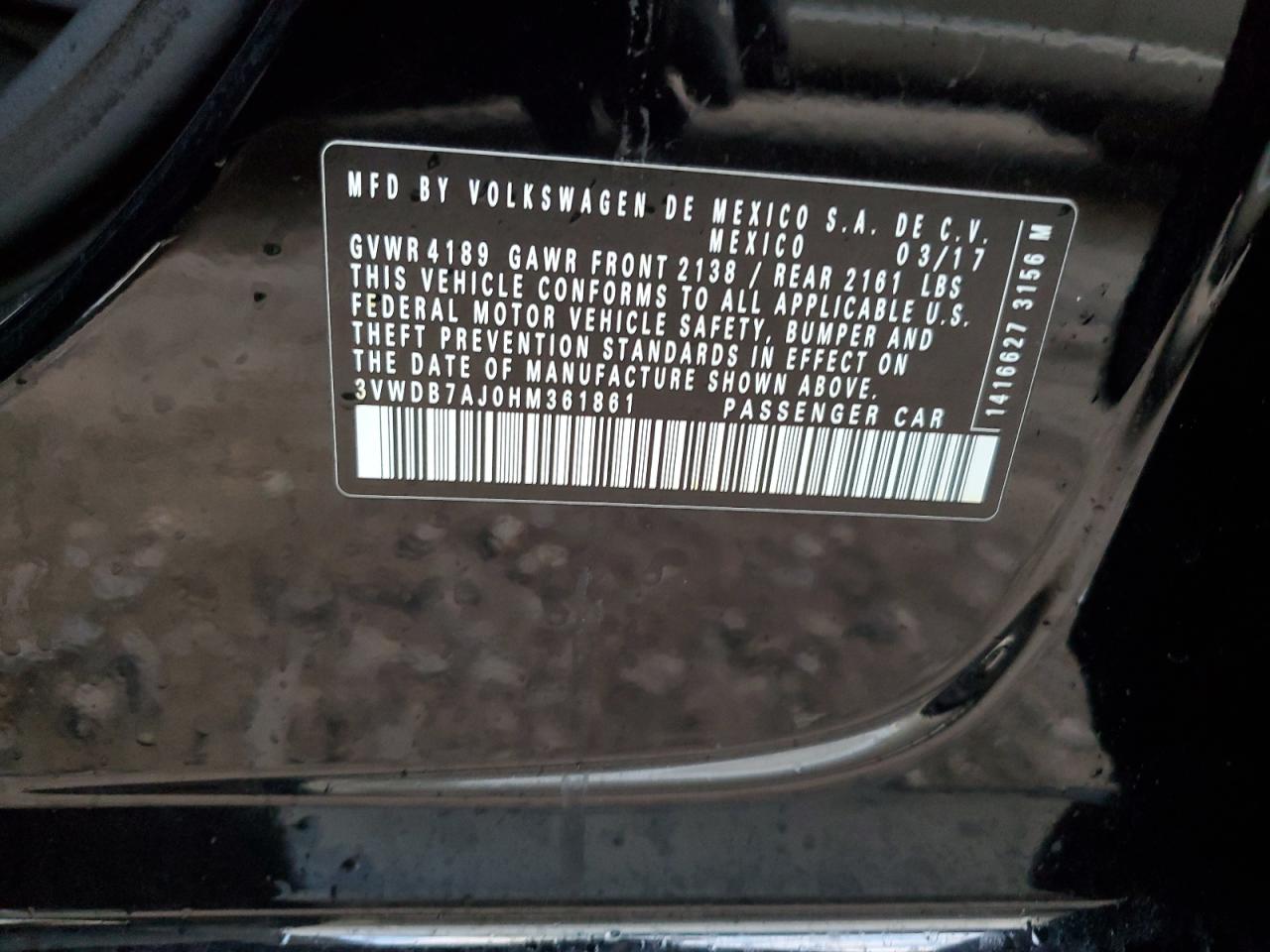 2017 Volkswagen Jetta VIN 3VWDB7AJ0HM361861 Copart auction photo, front end damage thumbnail 12