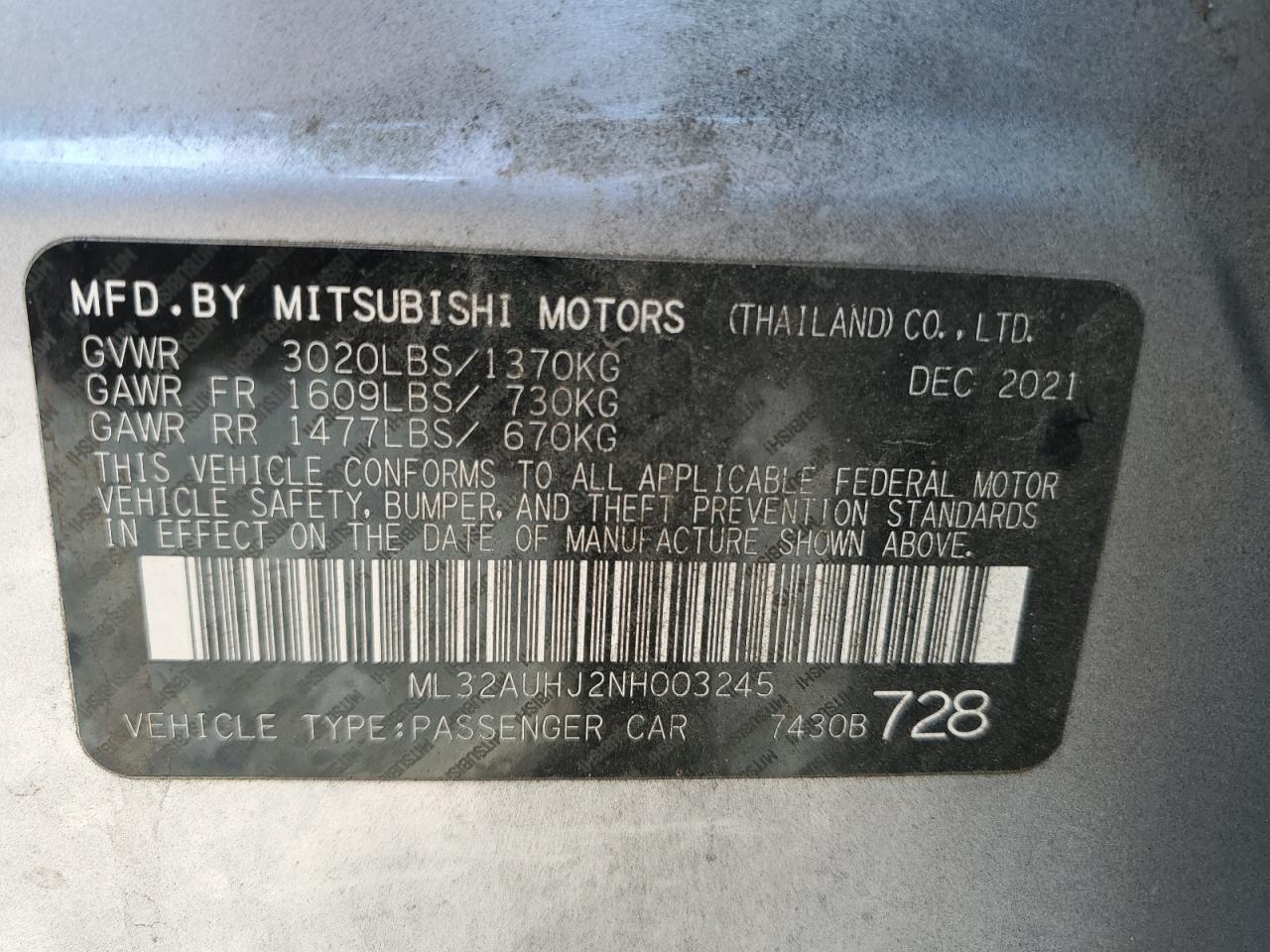 2022 Mitsubishi Mirage VIN ML32AUHJ2NH003245 Copart auction photo, front end / rear end damage thumbnail 16