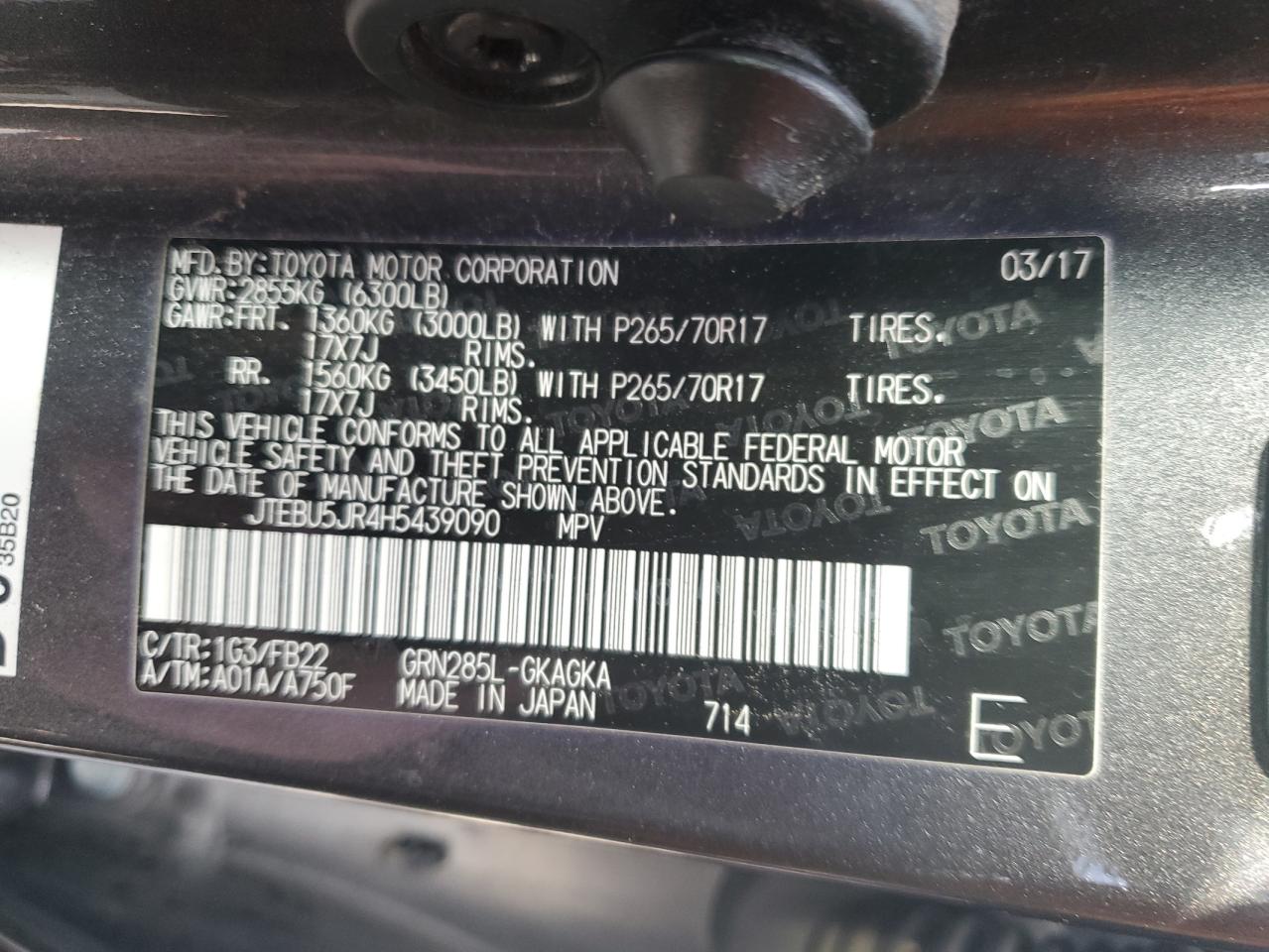 2017 Toyota 4Runner VIN JTEBU5JR4H5439090 Copart auction photo, side damage thumbnail 13