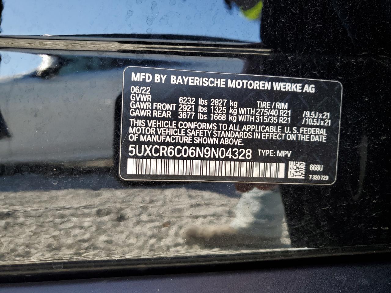 2022 BMW X5 VIN 5UXCR6C06N9N04328 Copart auction photo, all over damage thumbnail 13