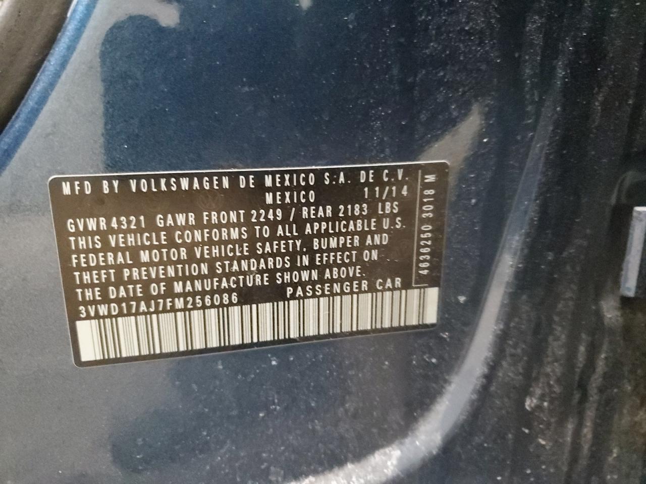 2015 Volkswagen Jetta VIN 3VWD17AJ7FM256086 Copart auction photo, front end damage thumbnail 15