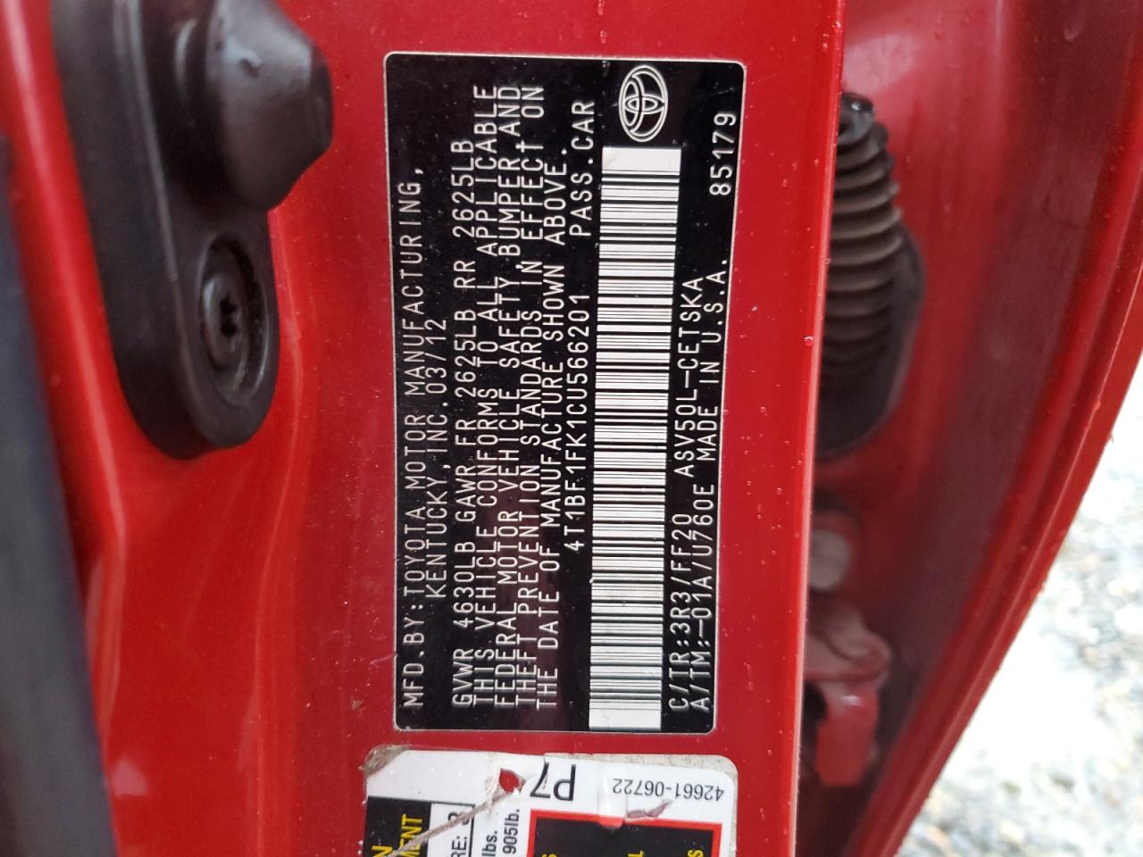 2012 Toyota Camry VIN 4T1BF1FK1CU566201 Copart auction photo, front end damage thumbnail 12