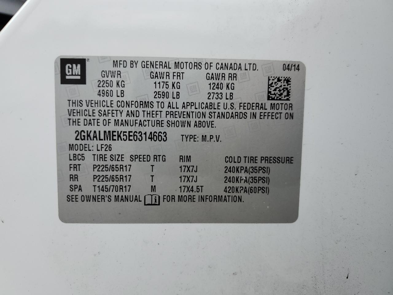 2014 GMC Terrain VIN 2GKALMEK5E6314663 Copart auction photo, side / front end damage thumbnail 13