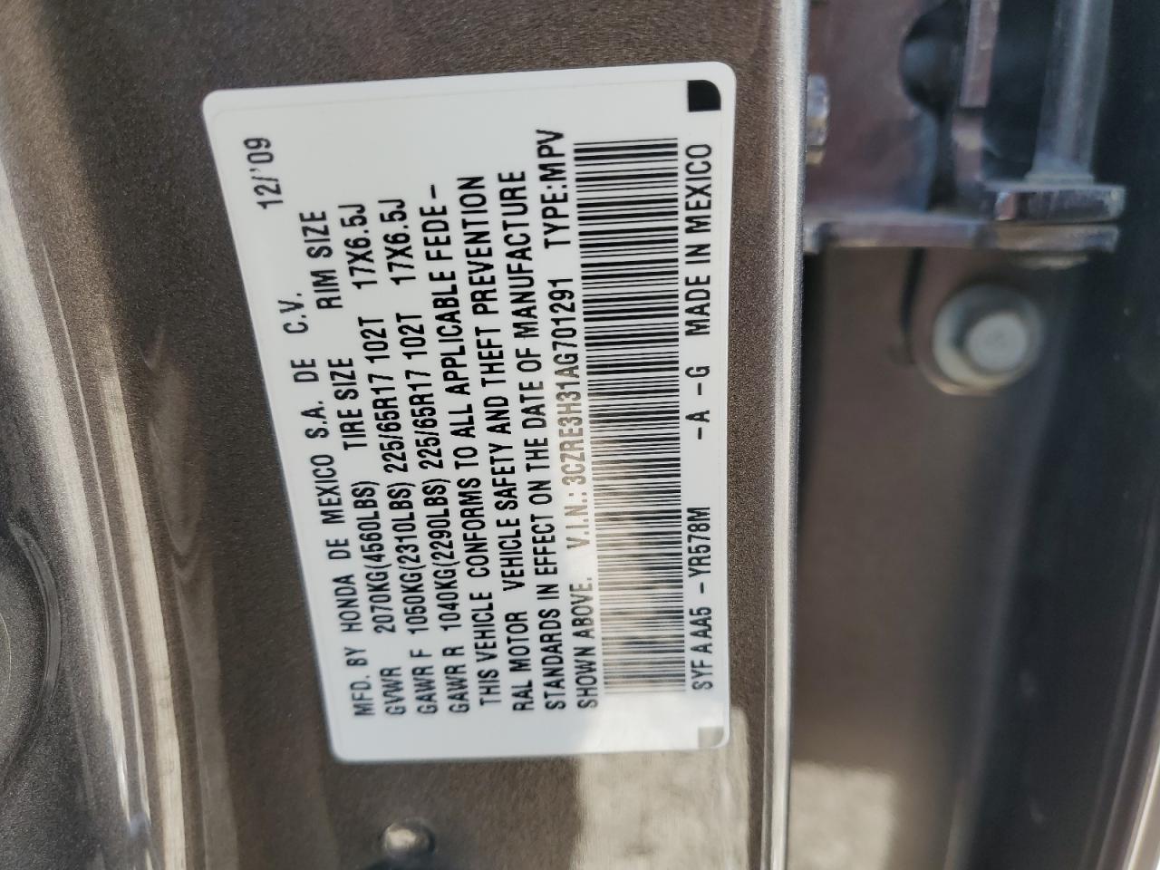 2010 Honda CR-V VIN 3CZRE3H31AG701291 Copart auction photo, front end damage thumbnail 15