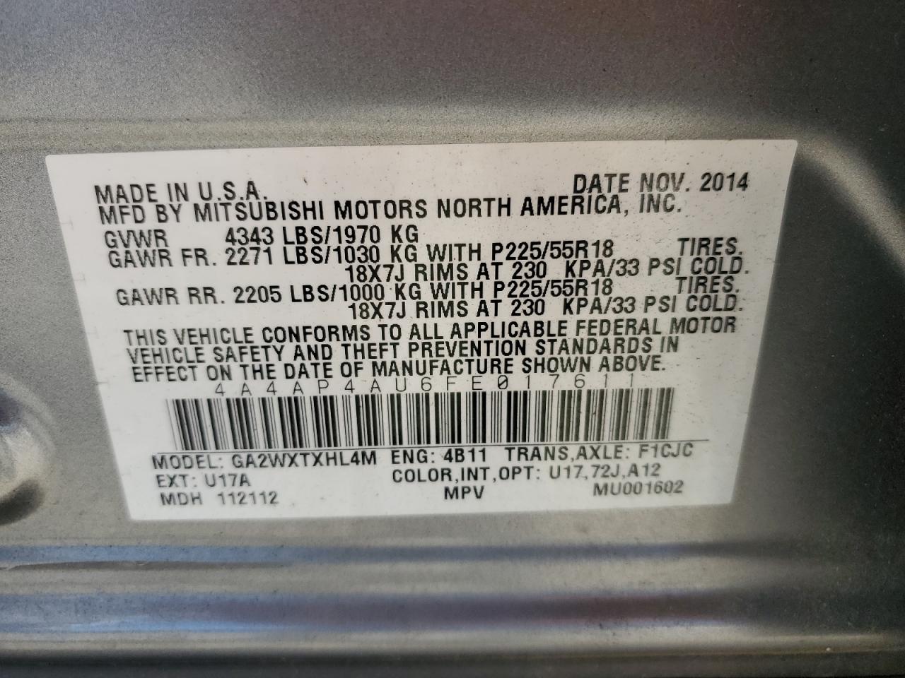 2015 Mitsubishi Outlander VIN 4A4AP4AU6FE017611 Copart auction photo, front end damage thumbnail 15