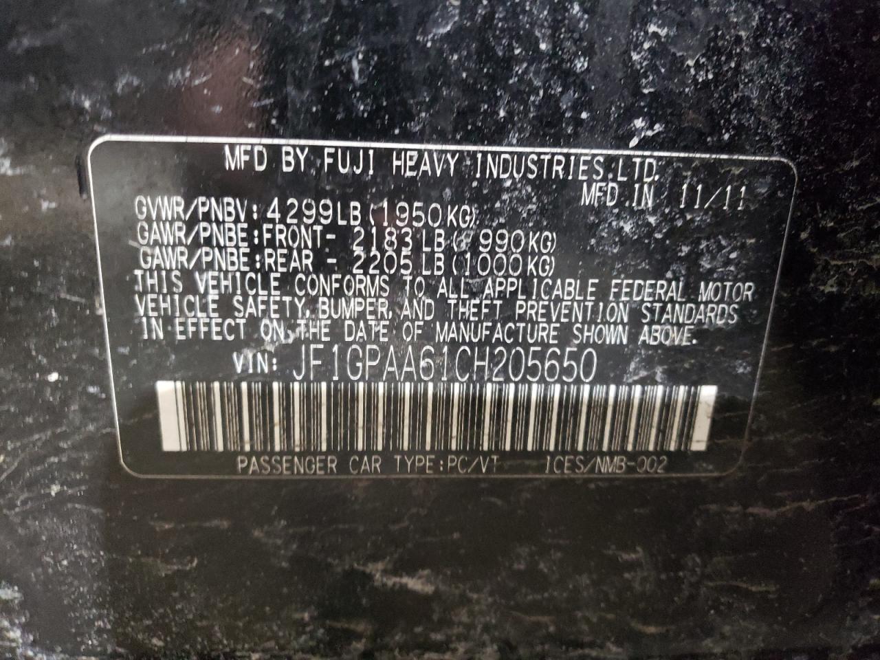 2012 Subaru Impreza VIN JF1GPAA61CH205650 Copart auction photo, front end damage thumbnail 14