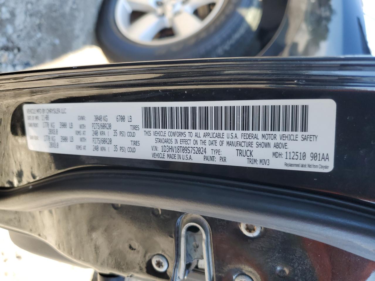 2009 Dodge RAM VIN 1D3HV18T09S752024 Copart auction photo, rear end / mechanical damage thumbnail 12