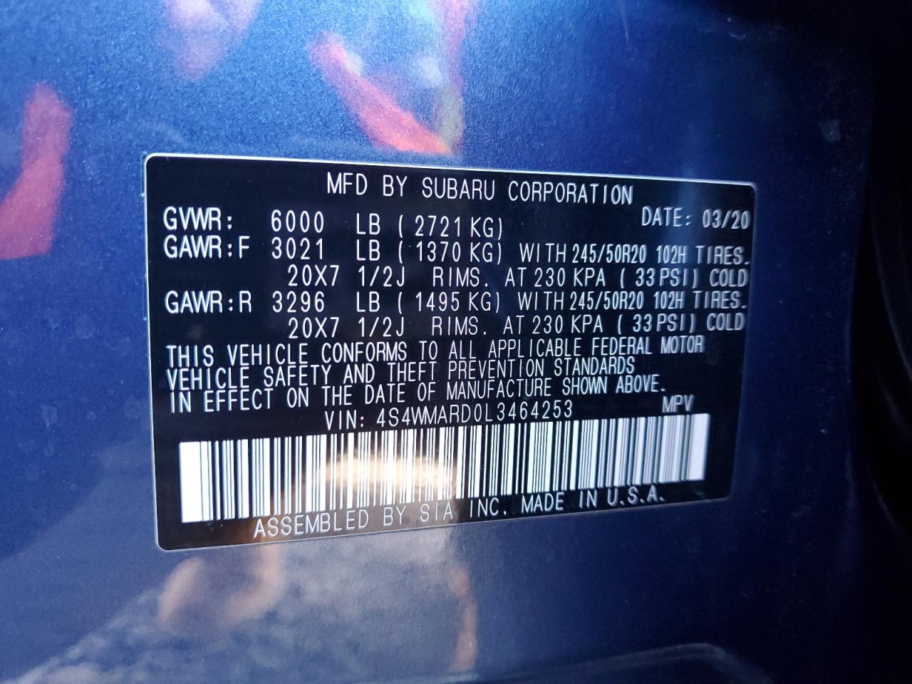 2020 Subaru Ascent VIN 4S4WMARD0L3464253 Copart auction photo, front end damage thumbnail 13