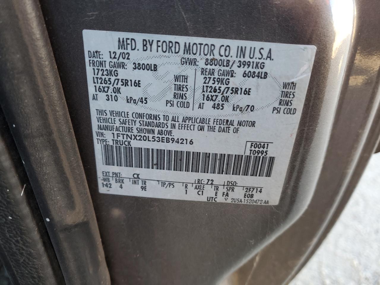 2003 Ford F250 VIN 1FTNX20L53EB94216 Copart auction photo, all over damage thumbnail 13