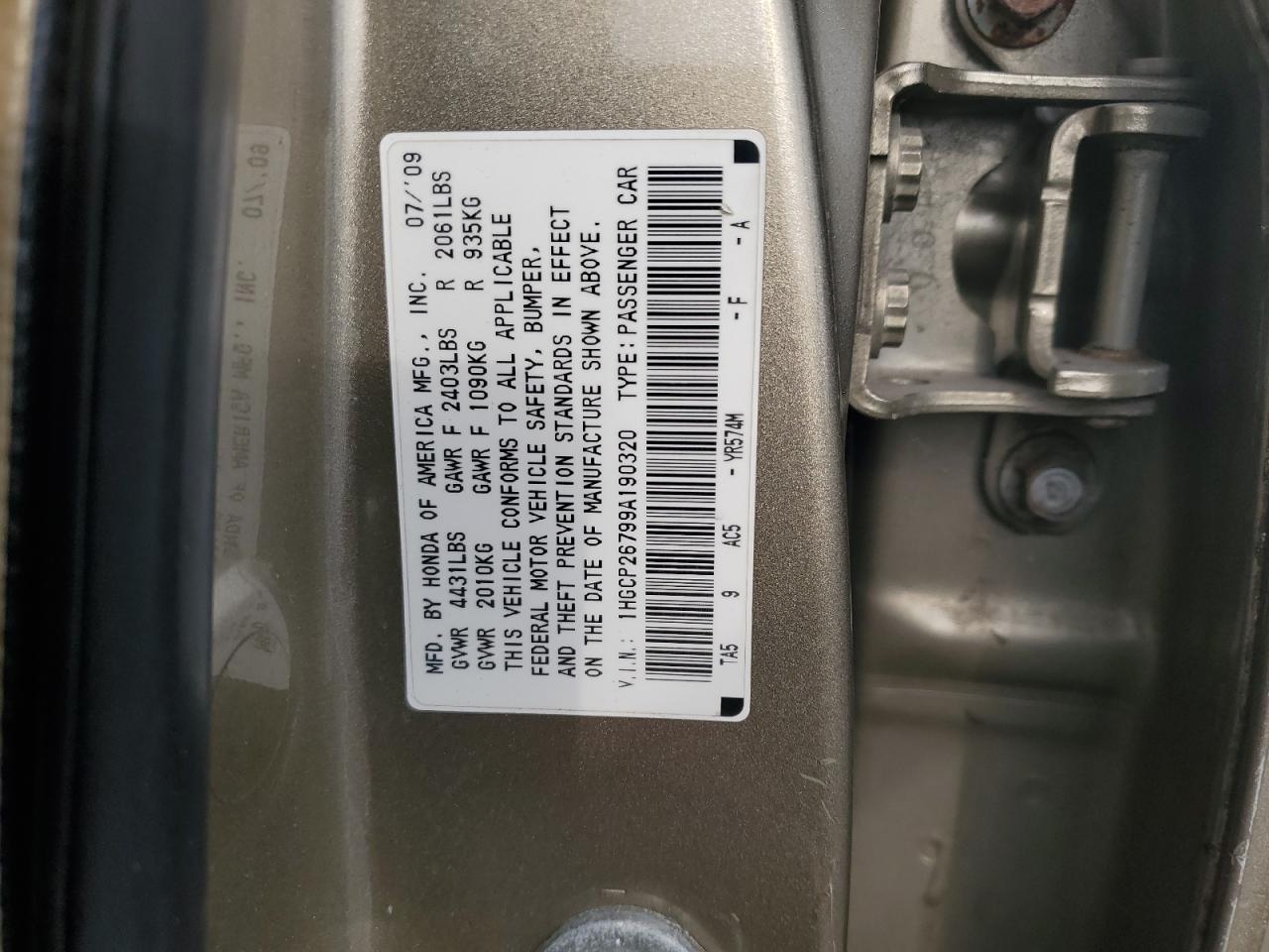 2009 Honda Accord VIN 1HGCP26799A190320 Copart auction photo, side / front end damage thumbnail 12