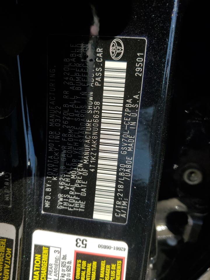 2022 Toyota Camry VIN 4T1KZ1AK8NU066358 Copart auction photo, side / front end damage thumbnail 12