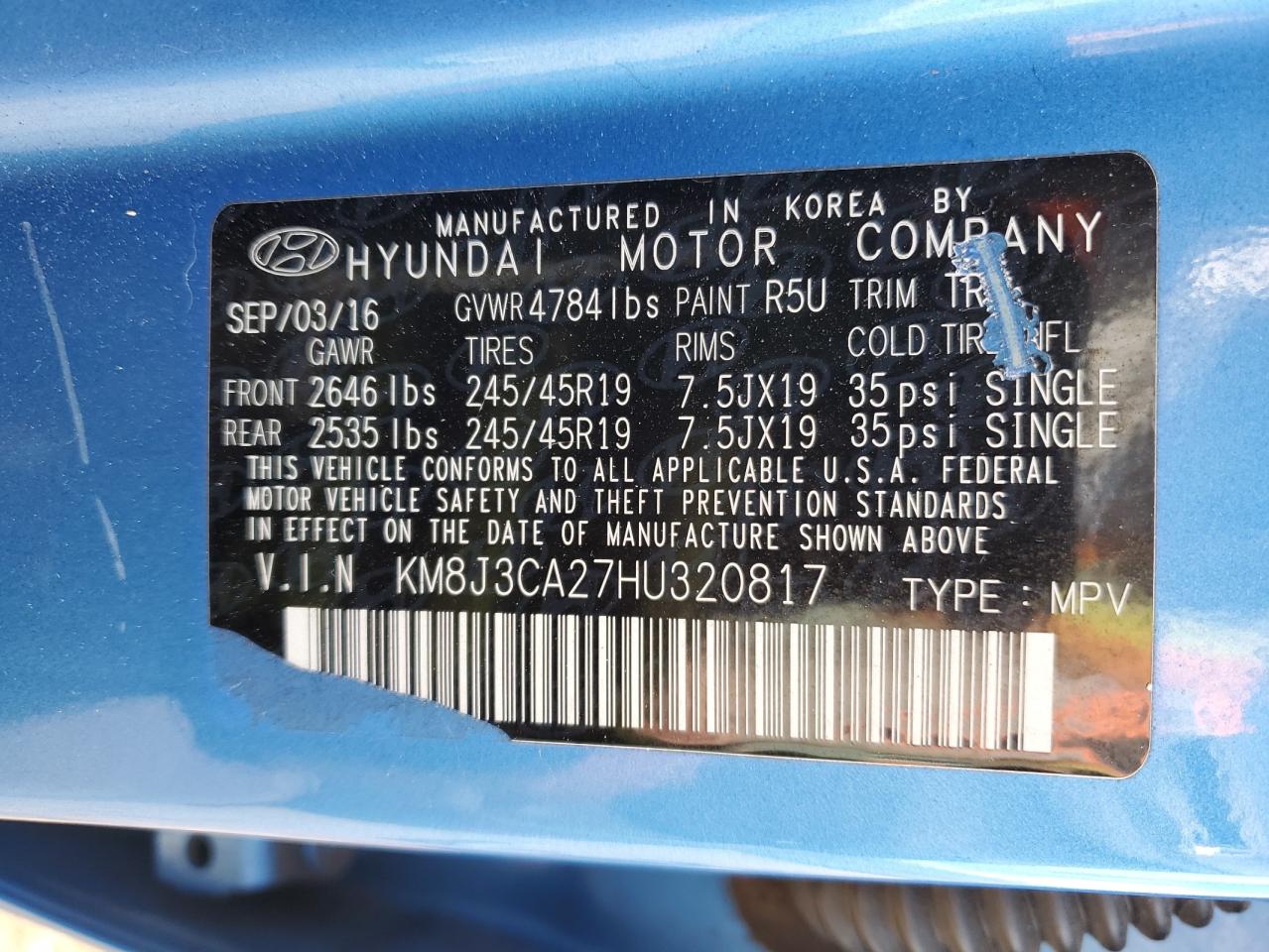 2017 Hyundai Tucson VIN KM8J3CA27HU320817 Copart auction photo, rear end / side damage thumbnail 13