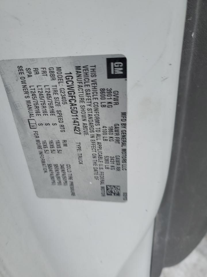 2013 Chevrolet Express VIN 1GCWGFCA5D1147427 Copart auction photo, rear end damage thumbnail 14