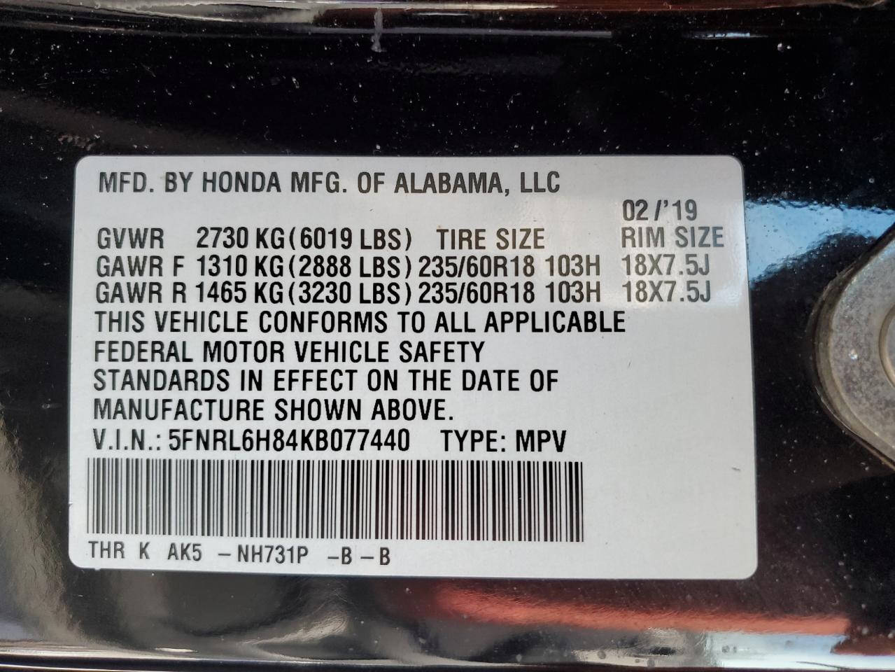 2019 Honda Odyssey VIN 5FNRL6H84KB077440 Copart auction photo, all over damage thumbnail 15