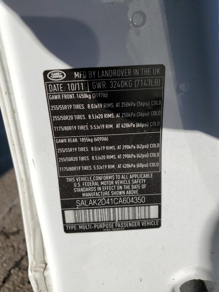 2012 Land Rover LR4 VIN SALAK2D41CA604350 Copart auction photo, front end / side damage thumbnail 13