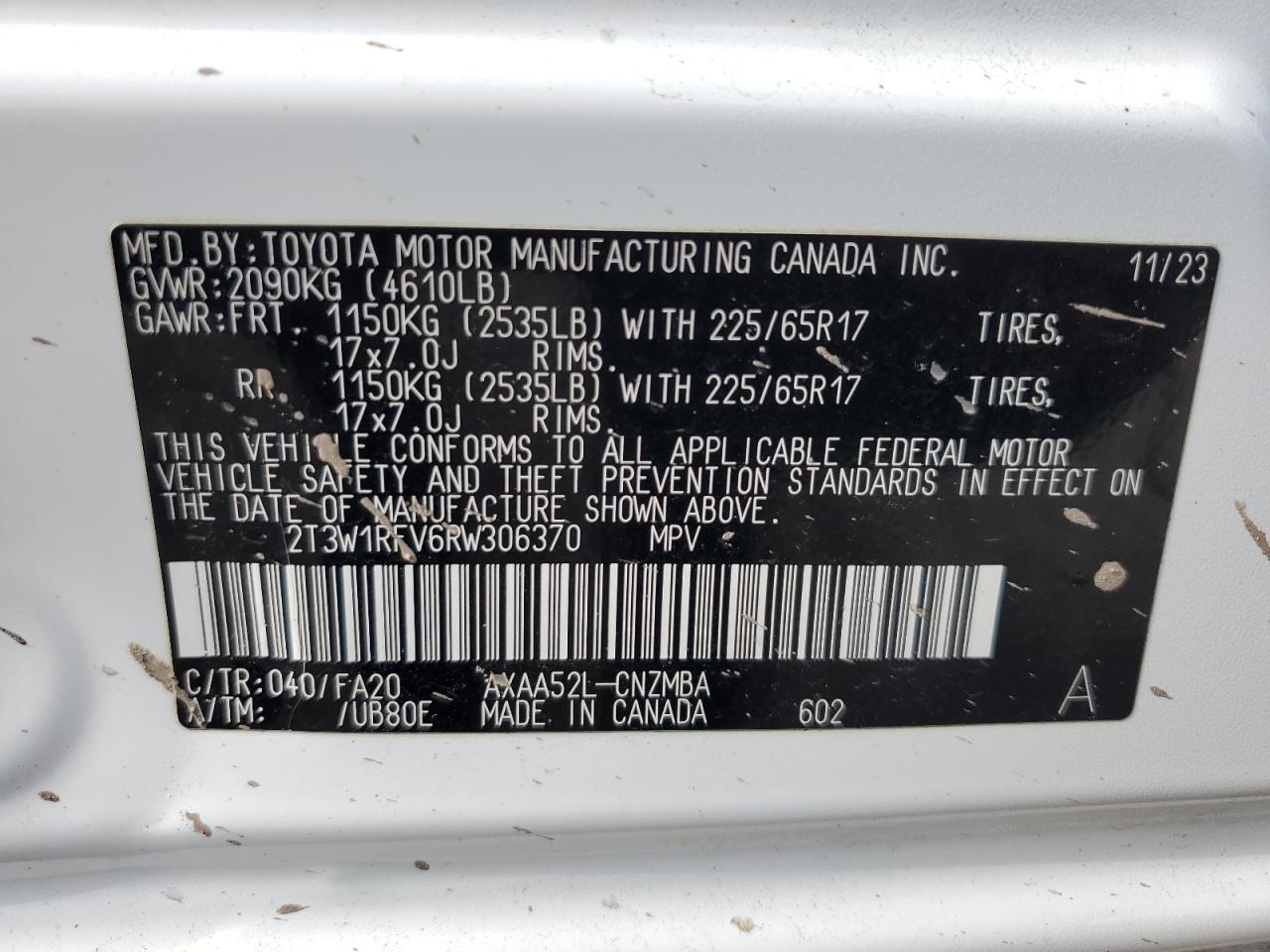2024 Toyota RAV 4 VIN 2T3W1RFV6RW306370 Copart auction photo, side / front end damage thumbnail 15