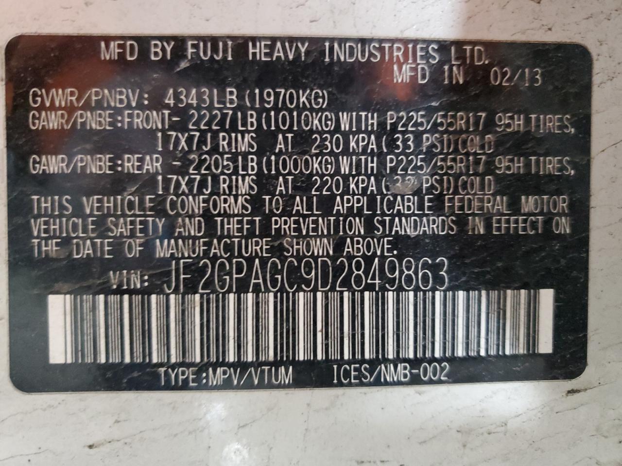 2013 Subaru XV VIN JF2GPAGC9D2849863 Copart auction photo, front end damage thumbnail 13