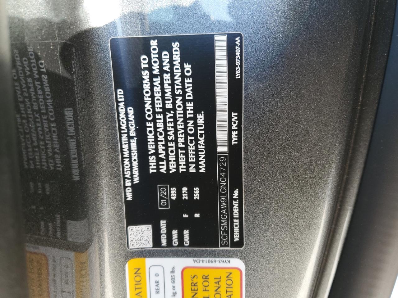 2020 Aston Martin Vantage VIN SCFSMGAW9LGN04729 Copart auction photo, side / rear end damage thumbnail 12