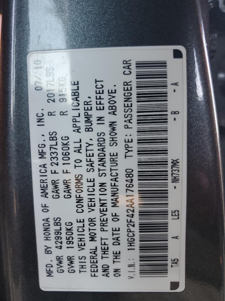 2010 Honda Accord VIN 1HGCP2F42AA176480 Copart auction photo, front end / minor dent/scratches damage thumbnail 12